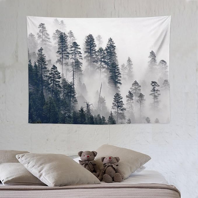 ZhiRain Misty Forest Landscape Tapestry Wall Hanging Wooden Window Forest Mountain Rustic Tapestries Home Decor for Living Room Bedroom Apartment Farmhouse Dorm 30"x40"