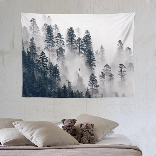 ZhiRain Misty Forest Landscape Tapestry Wall Hanging Wooden Window Forest Mountain Rustic Tapestries Home Decor for Living Room Bedroom Apartment Farmhouse Dorm 30"x40"