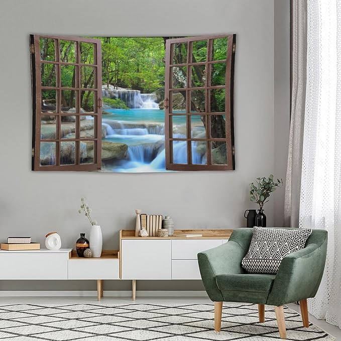 ZhiRain Waterfall Tree Landscape Tapestry Wall Hanging Natural Scenery Forest Garden Spring Stone River Tapestries Home Decor for Living Room Bedroom Apartment Farmhouse Dorm 40"x60"
