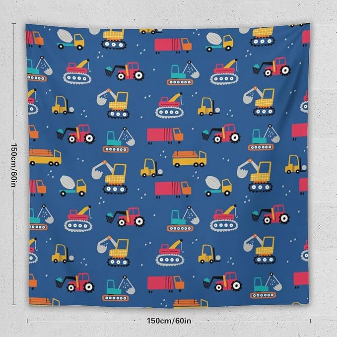 ZhiRain Cartoon Cars Print Tapestry Wall Hanging for Kids Room Cartoon Shovel And Trucks Blue Tapestries Home Decor for Living Room Bedroom Apartment Farmhouse Dorm 60"x60"