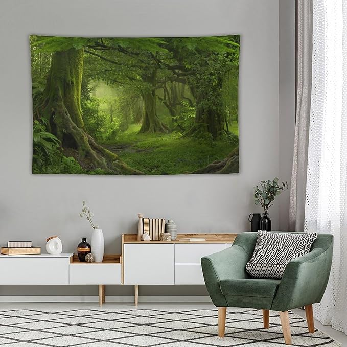 ZhiRain Misty Forest Tapestry Wall Hanging Green Tree in Jungle Forest Nature Scenery Woodland Tapestries Home Decor for Living Room Bedroom Farmhouse Apartment Dorm 60"x90"
