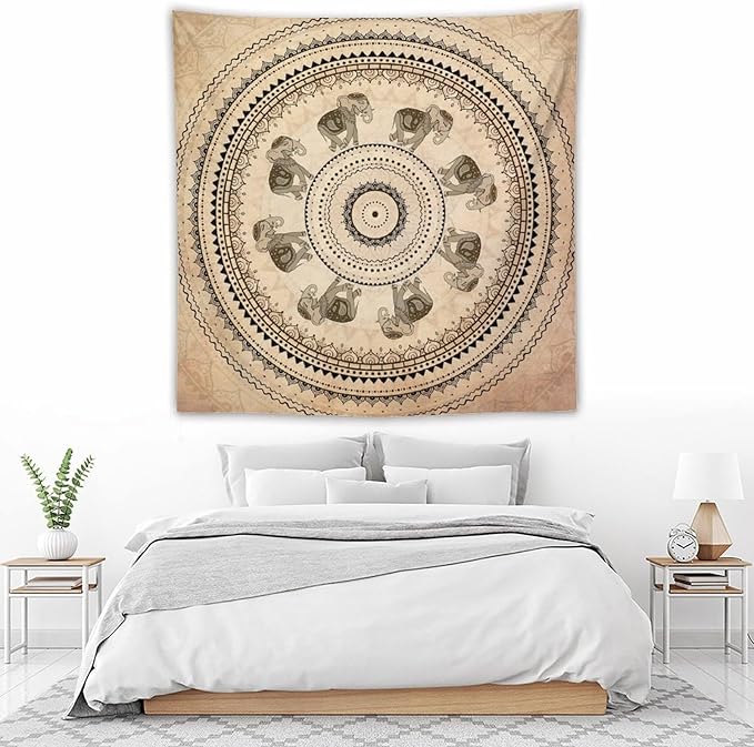 AAVEUP Indian Hippie Bohemian Psychedelic Tapestry Bohemian Brown Abstract Geometric Mandala Flower Vintage Elephant Texture Tapestries for Bedroom Dorm Living Room Decor 60x60in