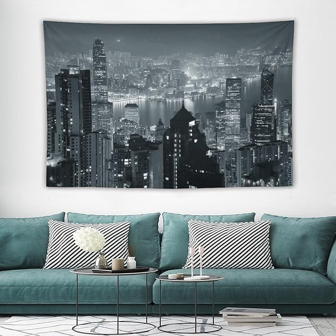 ZhiRain City Tapestry Wall Hanging Aerial Night View Hong Kong Skyline Modern Famous Urban Town Tapestries Home Decor for Living Room Bedroom Apartment Farmhouse Dorm 40"x60"