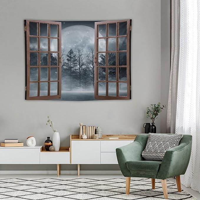 ZhiRain Misty Landscape Tapestry Wall Hanging Dark Black Nature Moon Gothic Tree Scenery Foggy Woodland Tapestries Home Decor for Living Room Bedroom Apartment Farmhouse Dorm 30"x40"