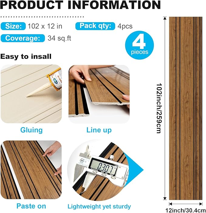 Art3d 4-Pack Glue-On Wall Panels, Wood Grain Texture Interior Wall Decor, 104"x12" Recycled Polystyrene Wainscoting Panels, Low Emission for Living Room Bedroom,Natural Teak