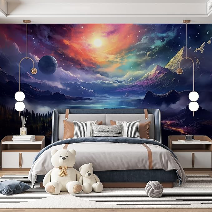 Zeeko Fantasy Galaxy Mountain Wall Mural Peel and Stick 148" W x 98" H Colorful Canvas Waterproof Self Adhesive Removable Wallpaper for Gaming Room Bedroom Large Wall Decor