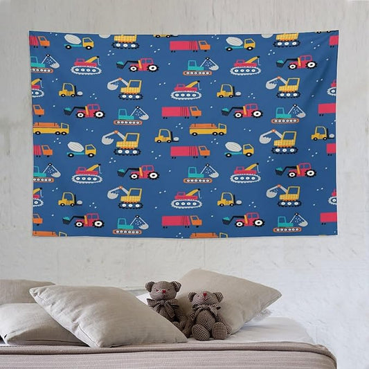 ZhiRain Cartoon Cars Print Tapestry Wall Hanging for Kids Room Cartoon Shovel And Trucks Blue Tapestries Home Decor for Living Room Bedroom Apartment Farmhouse Dorm 60"x90"