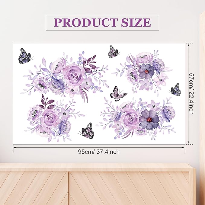 Zonon 6 Pcs Flowers Wall Decals Stickers Vinyl Removable Peel and Stick Colorful Dragonflies Floral Wall Murals Decor for Bedroom Living Room Nursery(Flower and Butterfly)