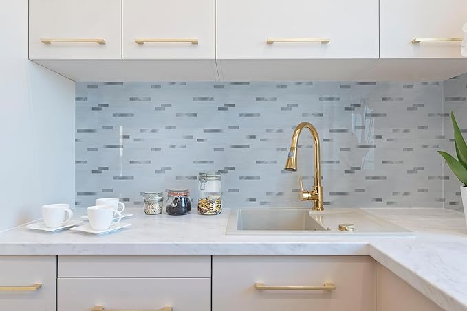Yipscazo 40 Sheets Peel and Stick Stone Metal Backsplash Tiles, PVC Wall Tiles Stick on Backsplash for Kitchen, Bathroom (6'' X 12'', White with Grey)