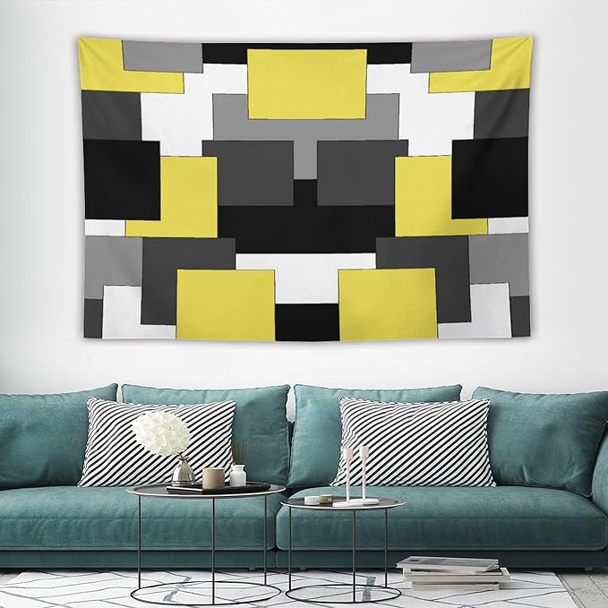 ZhiRain Yellow And Black Tapestry Wall Hanging Gray White Geometric Silver Dark Abstract Square Art Tapestries Home Decor for Living Room Bedroom Apartment Farmhouse Dorm 40"x60"