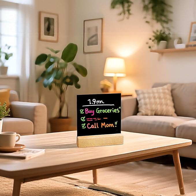 10 Pack Food Labels for Party Buffet with Wooden Stands, Acrylic Mini Chalkboard Signs, 3.9x3.9 inch Blank Black Acrylic Table Signs for Outdoor Wedding Table Numbers, Reserved, Cafe, Menu (Natural)