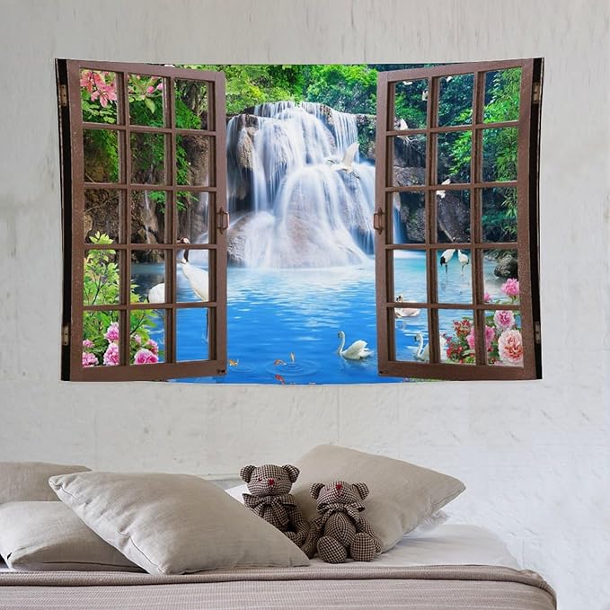 ZhiRain Waterfall Landscape Tapestry Wall Hanging Natural Forest Garden Trees And Roses Flower Scenery Tapestries Home Decor for Living Room Bedroom Apartment Farmhouse Dorm 40"x60"