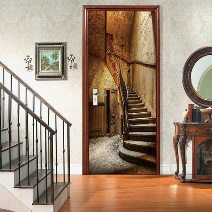 3D Peel and Stick Murals - Old Stairs Wallpaper Self-Adhesive Decals Removable PVC Waterproof Door Poster for Bedroom Living Room 37.4 x 82.7 inch