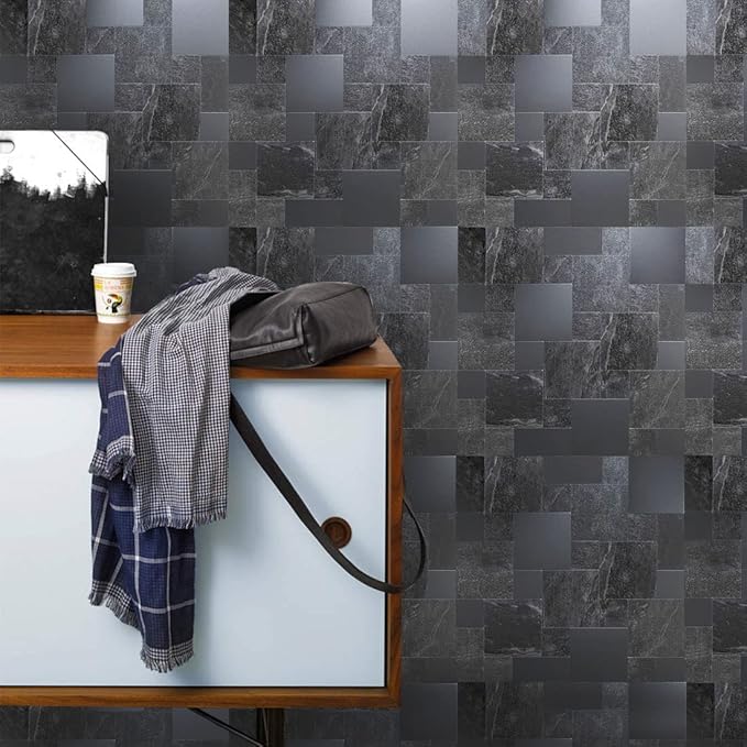 YMMXGE 10-Sheet Peel and Stick Backsplash Stone Tiles, Brushed Aluminum PVC Surface Metal Mosaic Sticker for Kitchen Wall (11.81"x11.81"Per Sheet) (10, Dark Gray Pattern)