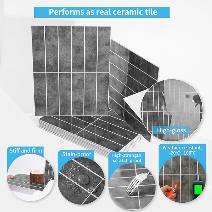 Art3d 10-Sheet Faux Marble Peel and Stick Backsplash Tile for Kitchen Wall Bathroom Countertops, 11.4 inch x 9.1 inch Stick-on Glazed-Ceramic Finish Resist to Water, Heat and Scratches, Ash Grey