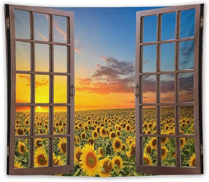 ZhiRain Sunflowers Scenery Tapestry Wall Hanging Through The Window Fields Sunset Landscape Tapestries Home Decor for Living Room Bedroom Apartment Farmhouse Dorm 50"x60"