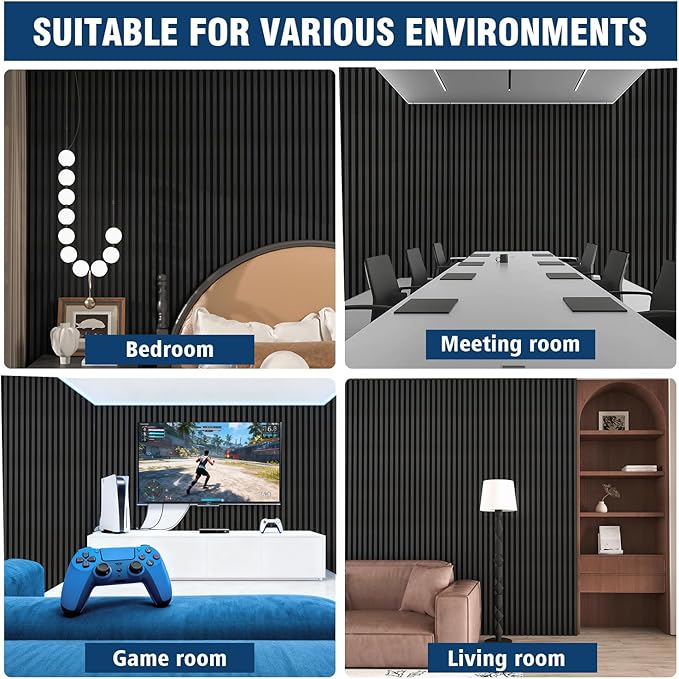 Acoustic Panels,Wood Slat for Wall & Soundproofing Wall Panels，3D Wall Panels High Density Sound Dampening Panels，4 Pack 24"x24" ，Black