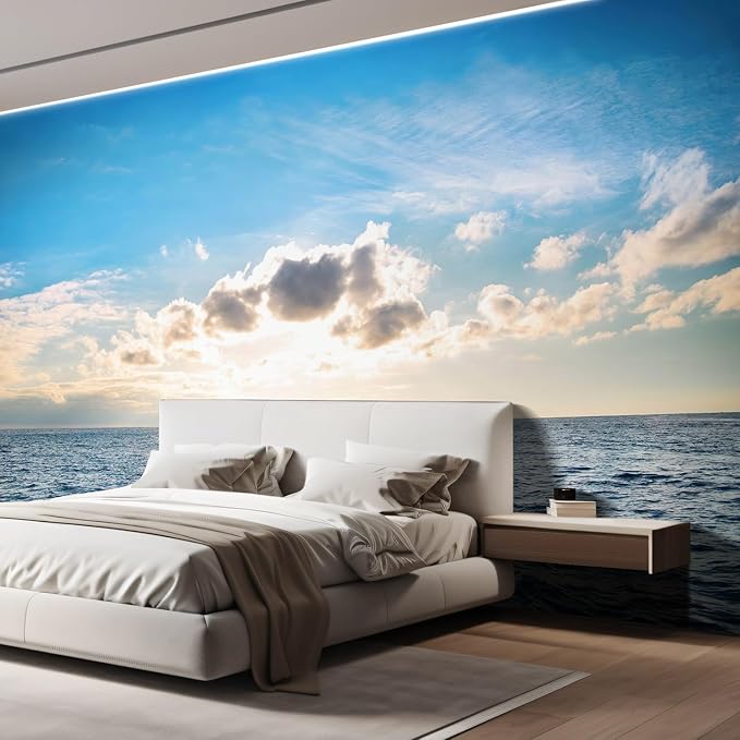 wall26 with Blue Water, Sky and Clouds. Sunset Above Seascape - Removable Wall Mural | Self-Adhesive Large Wallpaper - 132x192 inches