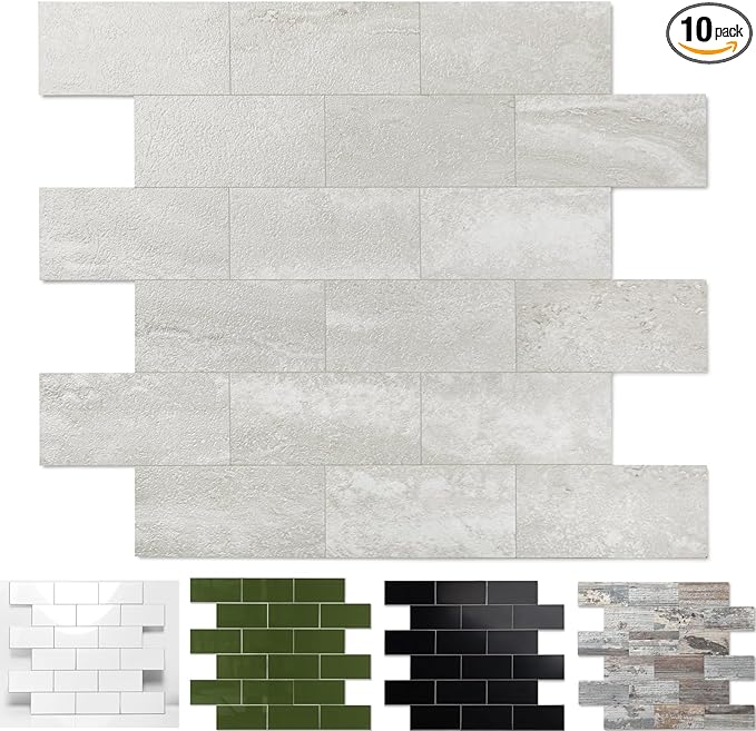 10-Pack Peel and Stick Tile Backsplash 12"X12" PVC Wall Tiles, Stick on Backsplash for Kitchen, Bathroom Tile, Fireplace Décor, Laundry Table, Stair Decals in Dolomite