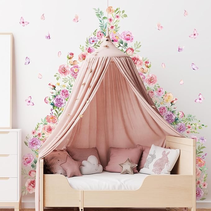 Zonon 6 Pcs Flowers Wall Decals Stickers Vinyl Removable Peel and Stick Colorful Dragonflies Floral Wall Murals Decor for Bedroom Living Room Nursery(Pink Purple Flower)