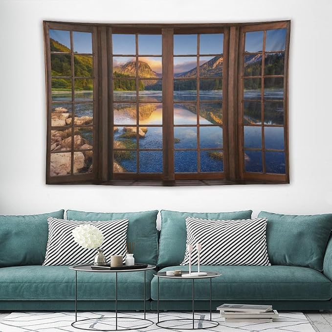 ZhiRain Mountain Scenery Tapestry Wall Hanging Through The Window Beautiful Lake Landscape Tapestries Home Decor for Living Room Bedroom Apartment Farmhouse Dorm 40"x60"
