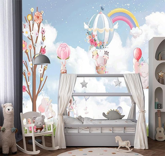 YIHWM -Cartoon hot air Balloon Nursery Large Backdrop Fabric Wallpaper Animals Animals Kids Bedroom Wall Mural- 160"x108"（ not Peel and Stick）