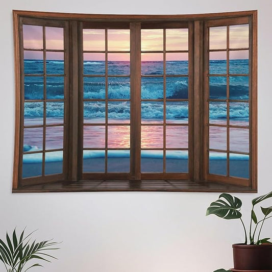 ZhiRain Landscape Tapestry Wall Hanging Beach Sand Ocean Waves Seaside Brown Window View Tapestries Home Decor for Living Room Bedroom Apartment Farmhouse Dorm 60"x60"