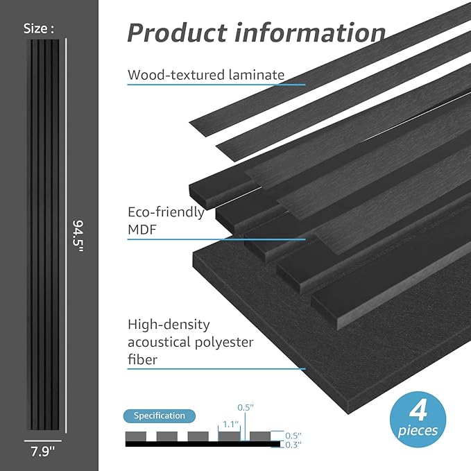 Art3d 4-Piece Wood Slat Acoustic Panels for Stylish Decor and Noise Reduction, 3D Textured Panel for Ceiling and Wall, Matte Black