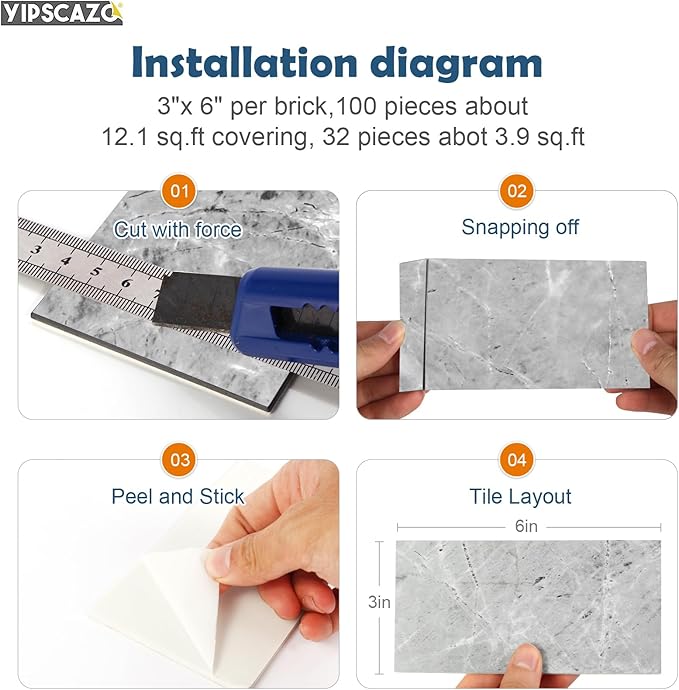 Yipscazo Peel and Stick backsplash 3 x 6 Inches 3D PVC Composite Wall Tile Stick on Backsplash Tile for Kitchen Bathroom, Laundry Room, Fireplace(Polished Gray, 32 Pieces)