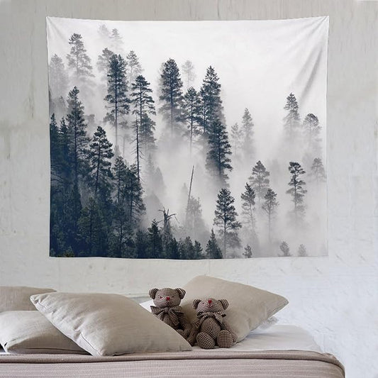 ZhiRain Misty Forest Landscape Tapestry Wall Hanging Wooden Window Forest Mountain Rustic Tapestries Home Decor for Living Room Bedroom Apartment Farmhouse Dorm 50"x60"