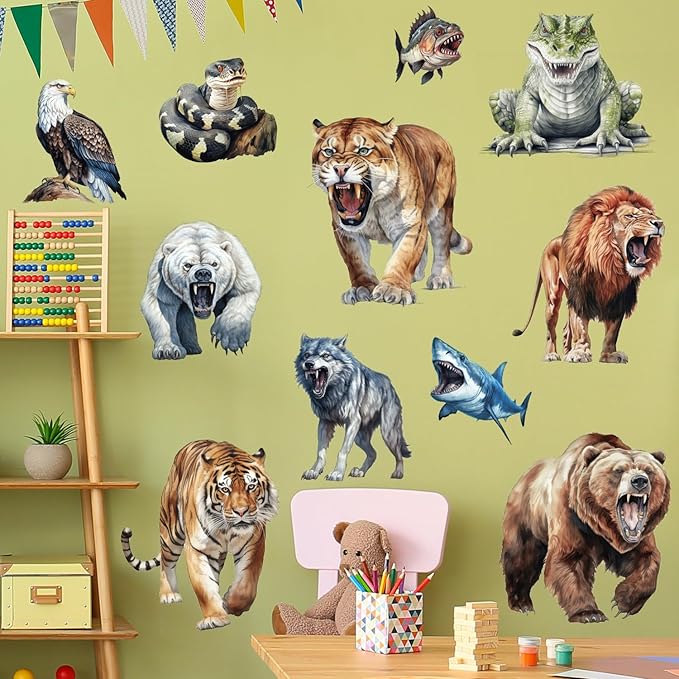 AM AMAONM Removable 3D Nature Jungle Wild Animals Wall Stickers DIY Peel and Stick Safari Tiger Lion Elephant Wall Decals Aniaml Wall Art Decor for Kids Baby Bedroom Nursery Living Room (Animals)