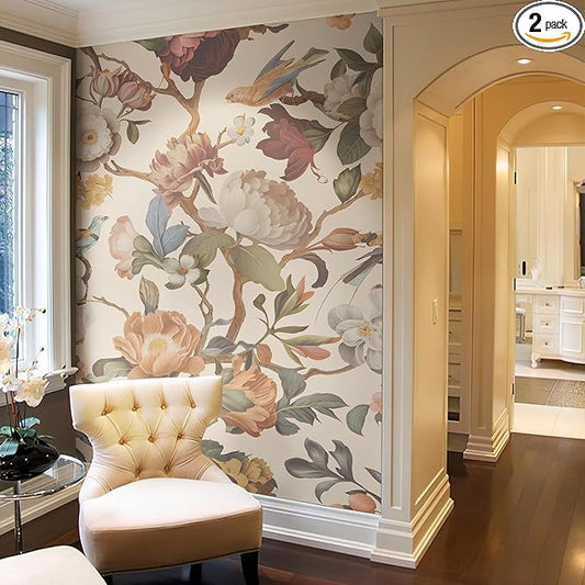 Zeeko Floral Peel and Stick Wallpaper Mural Beige Flower Wallpaper for Bedroom TV Background Large Wall Murals Wall Paintings Art Deco 98" H x 59" W (Covers 40 sq. ft.)
