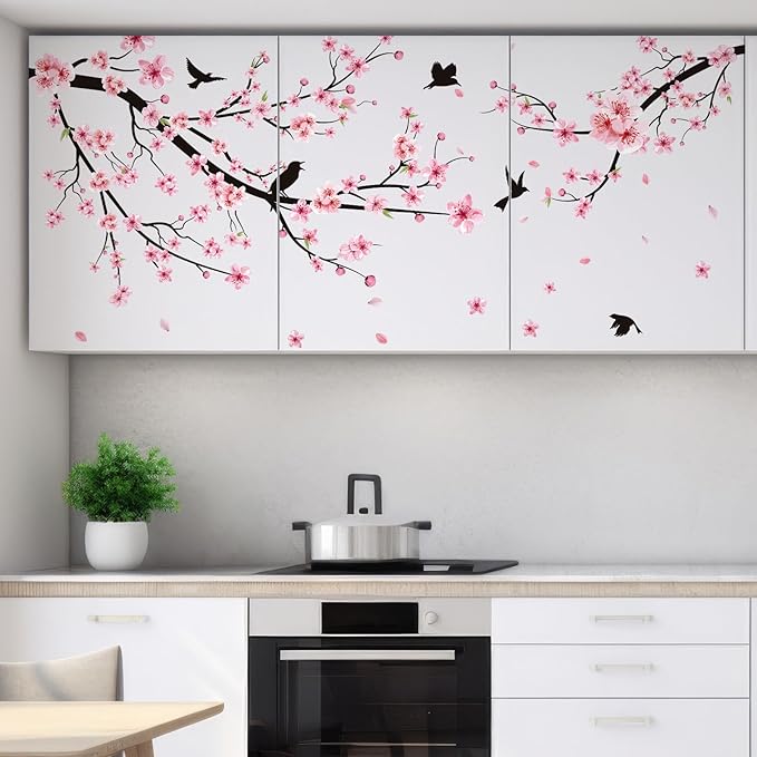 Zonon 6 Pcs Flowers Wall Decals Stickers Vinyl Removable Peel and Stick Colorful Dragonflies Floral Wall Murals Decor for Bedroom Living Room Nursery (Cherry Blossoms)