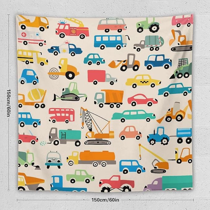 ZhiRain Cartoon Cars Print Tapestry Wall Hanging Cartoon Shovel And Trucks Tapestries Home Decor for Living Room Bedroom Apartment Farmhouse Dorm 60"x60"