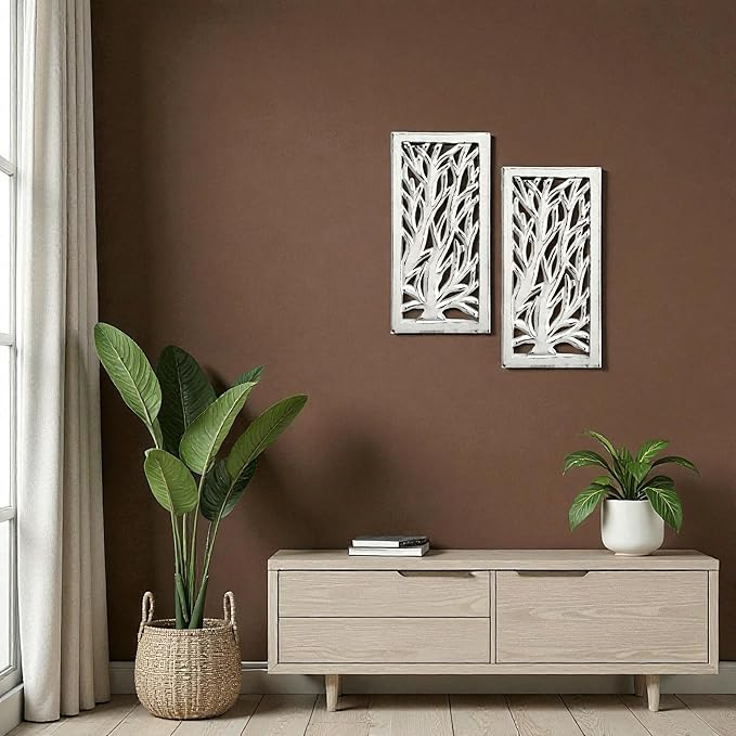 Wood Wall Art - Wall Panels in Handcrafted Carved Wood For Livingroom Bedroom,Dining room,Elegant Decorative Wall Art for Home & Office 8x16" Set of 2 White Antique_Tree Leaf Designs