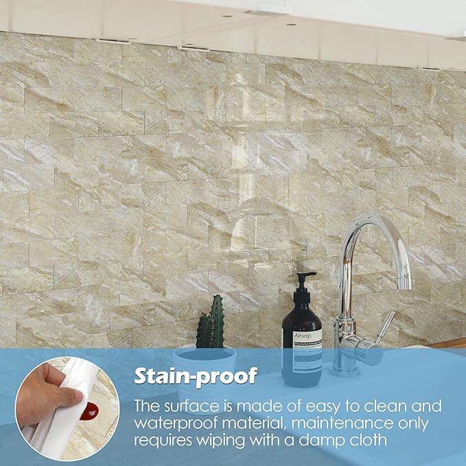 20-Pack Peel and Stick Tile Backsplash 12"X12" PVC Wall Tiles, Stick on Backsplash for Kitchen, Bathroom Tile, Fireplace Décor, Laundry Table, Stair Decals in Vintage Polished Beige