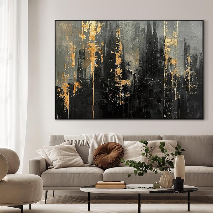 46"x72" XL Framed Wall Art - Modern Black and Gold Urban Wall Art (Frame Assembly Required)