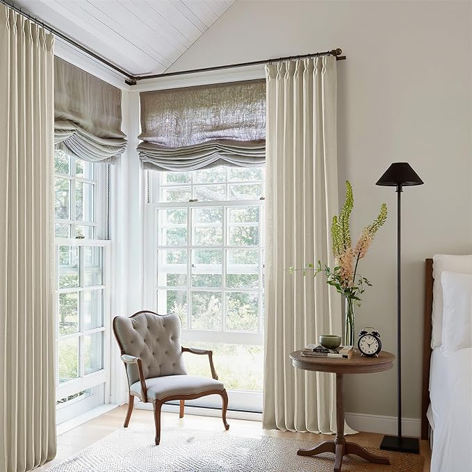90 Inch Linen Pinch Pleated Curtains 2 Panels for Living Room Bedroom Memory Training Shaped Semi Sheer Beige Light Tan Pinch Pleat Drapes with Hooks Rings Light Filtering Window Curtain 40x90
