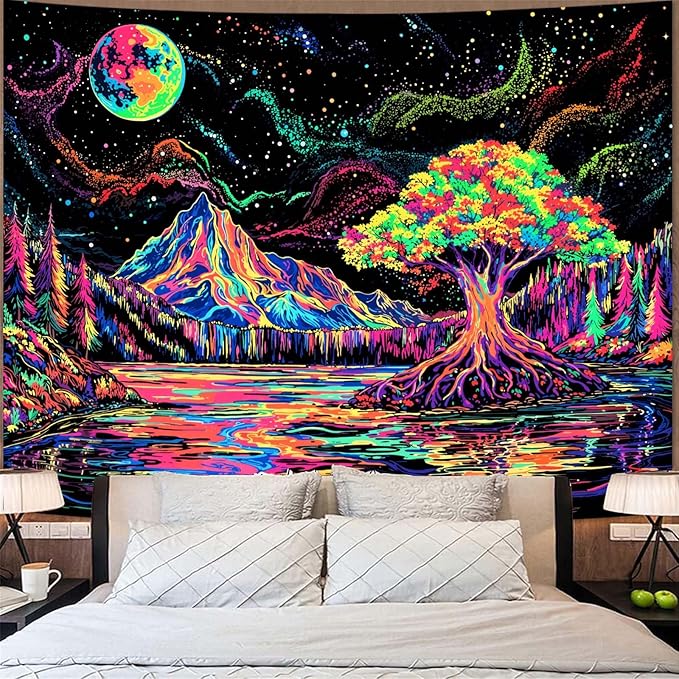 Zussun Blacklight Mountain Forest Tapestry Hippie Tree of Life Tapestries for Bedroom Aesthetic Glow in The Dark Moon and Stars Tapestry Wall Hanging for Living Room Dorm 60 × 44 Inch