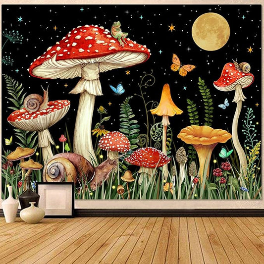 Zussun Red Mushroom Tapestry Moon Star Tapestries for Bedroom Aesthetic Starry Night Green Plant Tapastrys Wall Hanging Butterfly Snail Frog Wall Tapestry for Living Room Dorm (Black, 60" x 44")
