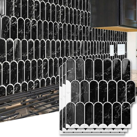 Art3d 10-Sheet Peel and Stick Kitchen Backsplash Tile, Vinyl Stick On Wall Tile Sticker for Bathroom Laundry Room Back Splashes, 12"x12" Black Marble