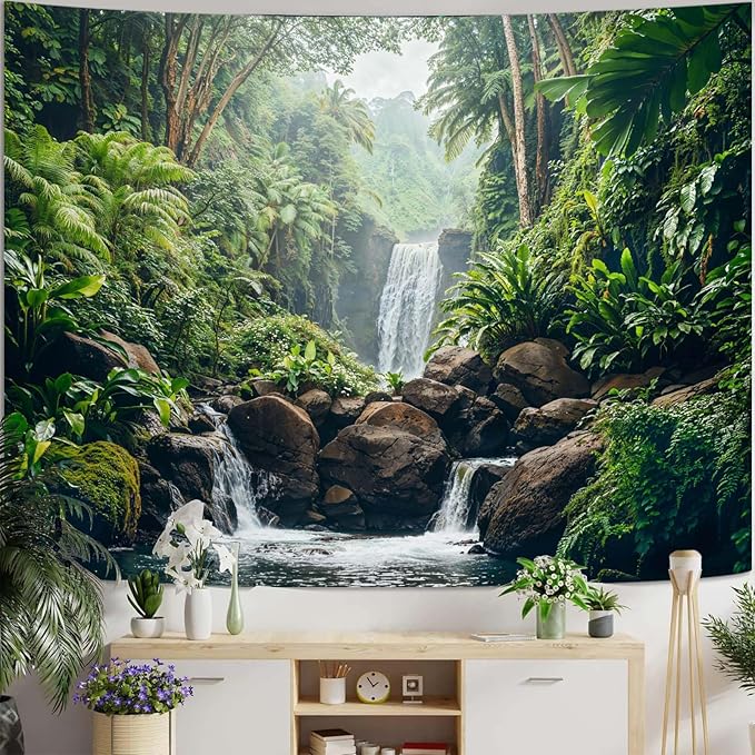 Zussun Nature Forest Tapestry Green Rainforest Tree Wall Tapestry for Bedroom Aesthetic Waterfall Lush Landscape Small Tapestries Wall Hanging for Dorm Living Room Decor 48 x 36 Inch