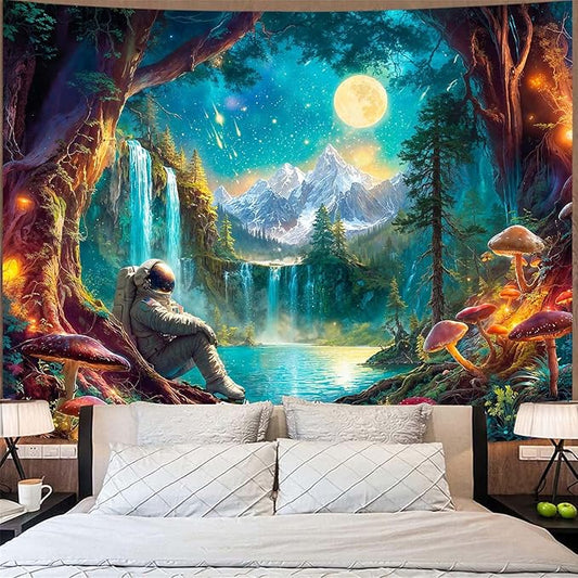 Zussun Mushroom Forest Tapestry Astronaut Nature Waterfull Snow Mountain Tapestry for Bedroom Aesthetic Fairy Moon Landscape Small Tapestries Wall Hanging for Dorm Living Room Decor 48 x 36 Inch