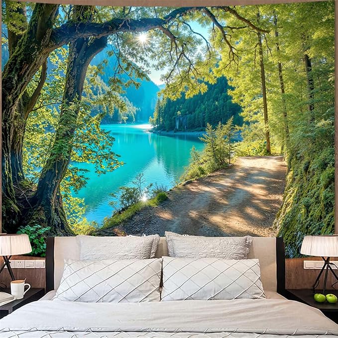 Zussun Nature Forest Mountain Tapestry Green Teal Lake Path Tapestry for Bedroom Aesthetic Lush Sunshine Landscape Small Tapestries Wall Hanging for Dorm Living Room Decor 48 x 36 Inch