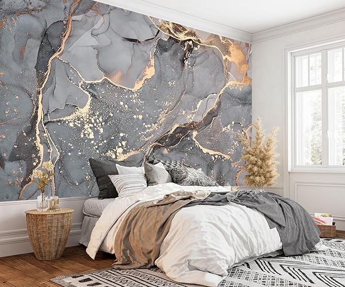 AFZEVEB-Gray and Gold Marble Wallpaper Wall murals for Bedroom 136"x96"(Not Peel and Stick)