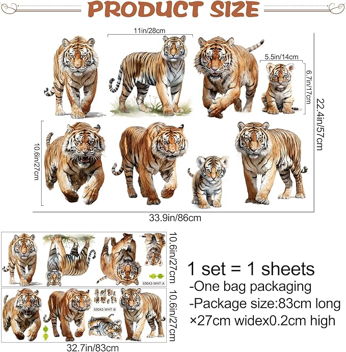 AM AMAONM Removable 3D Nature Jungle Wild Animals Wall Stickers DIY Peel and Stick Safari Tiger Lion Elephant Wall Decals Aniaml Wall art Decor for Kids Baby Bedroom Nursery Living Room (Tiger family)