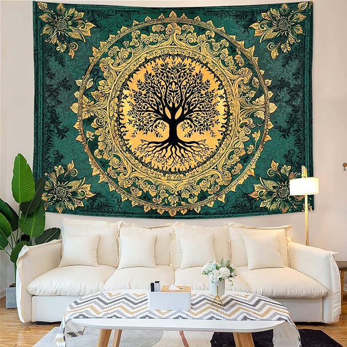 Zussun Tree of Life Tapestry Vintage Boho Mandala Tapestries for Bedroom Aesthetic Retro Bohemian Green Gold Plant Floral Flowers Leaves Tapestry Wall Hanging for Dorm Living Room 80 x 60 Inch