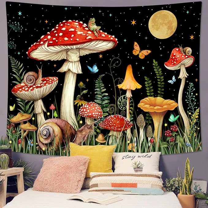 Zussun Red Mushroom Tapestry Moon Star Tapestries for Bedroom Aesthetic Starry Night Green Plant Tapastrys Wall Hanging Butterfly Snail Frog Wall Tapestry for Living Room Dorm (Black, 80" x 60")