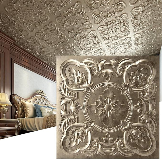 Art3dwallpanels 12 Pack Drop Ceiling Tiles, 24 x 24 Inch High Grade PVC 3D Wall Panels Vintage Flower Pattern for Interior Wall Decor, Fire Rated, Waterproof, Antique Gold