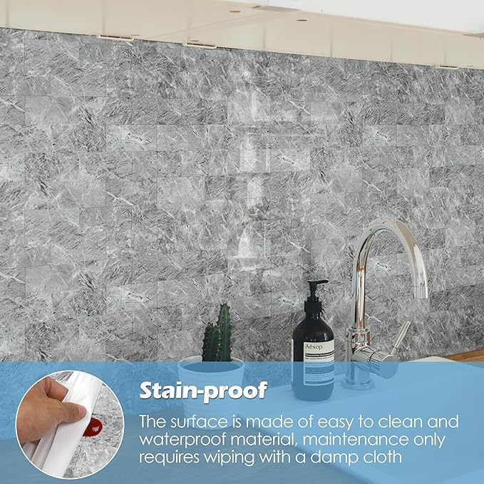 1-Pack Peel and Stick Tile Backsplash 12"X12" PVC Wall Tiles, Stick on Backsplash for Kitchen, Bathroom Tile, Fireplace Décor, Laundry Table, Stair Decals in Polished Gray